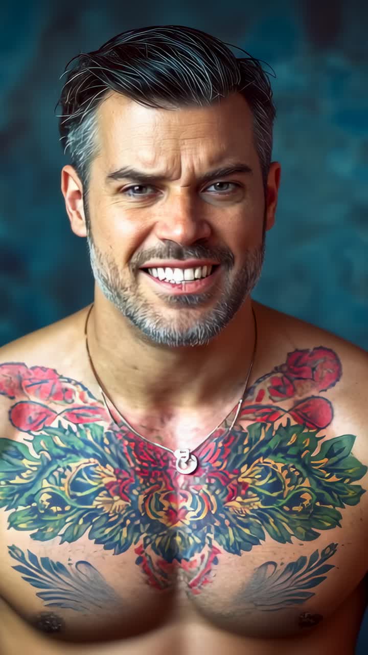 Vertical video: Rolling camera urging shirtless man shifting smile into firm talk at studio, tattoo