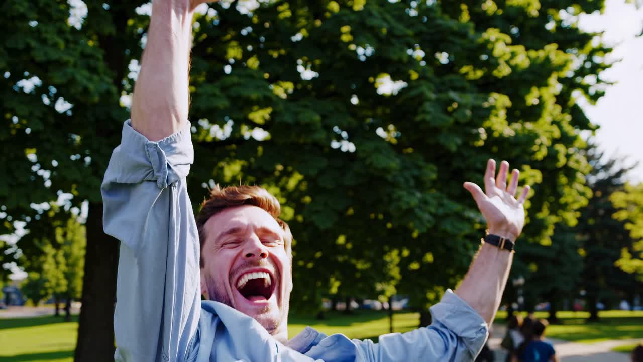 Un uomo gioioso in un parco, ripreso in primo piano, da un'angolazione all'altezza degli occhi.