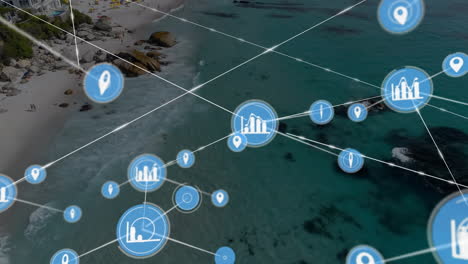 animation of network of connections with icons over sea view