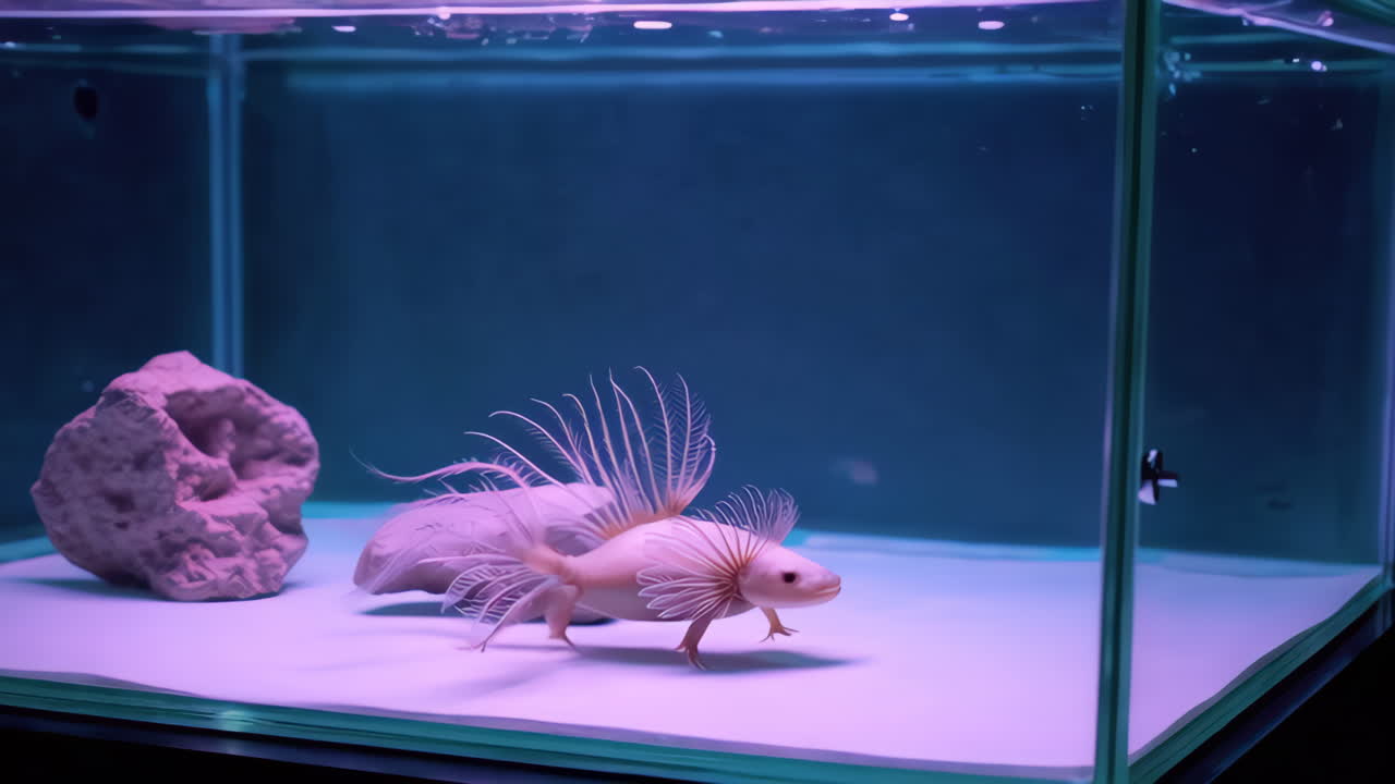 Unique Axolotl-like Creature in a Pink Lit Aquarium