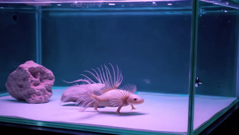 unique axolotl-like creature in a pink lit aquarium