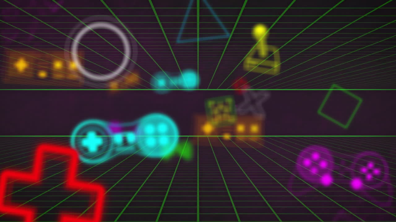 Animation of neon gaming icons over squares