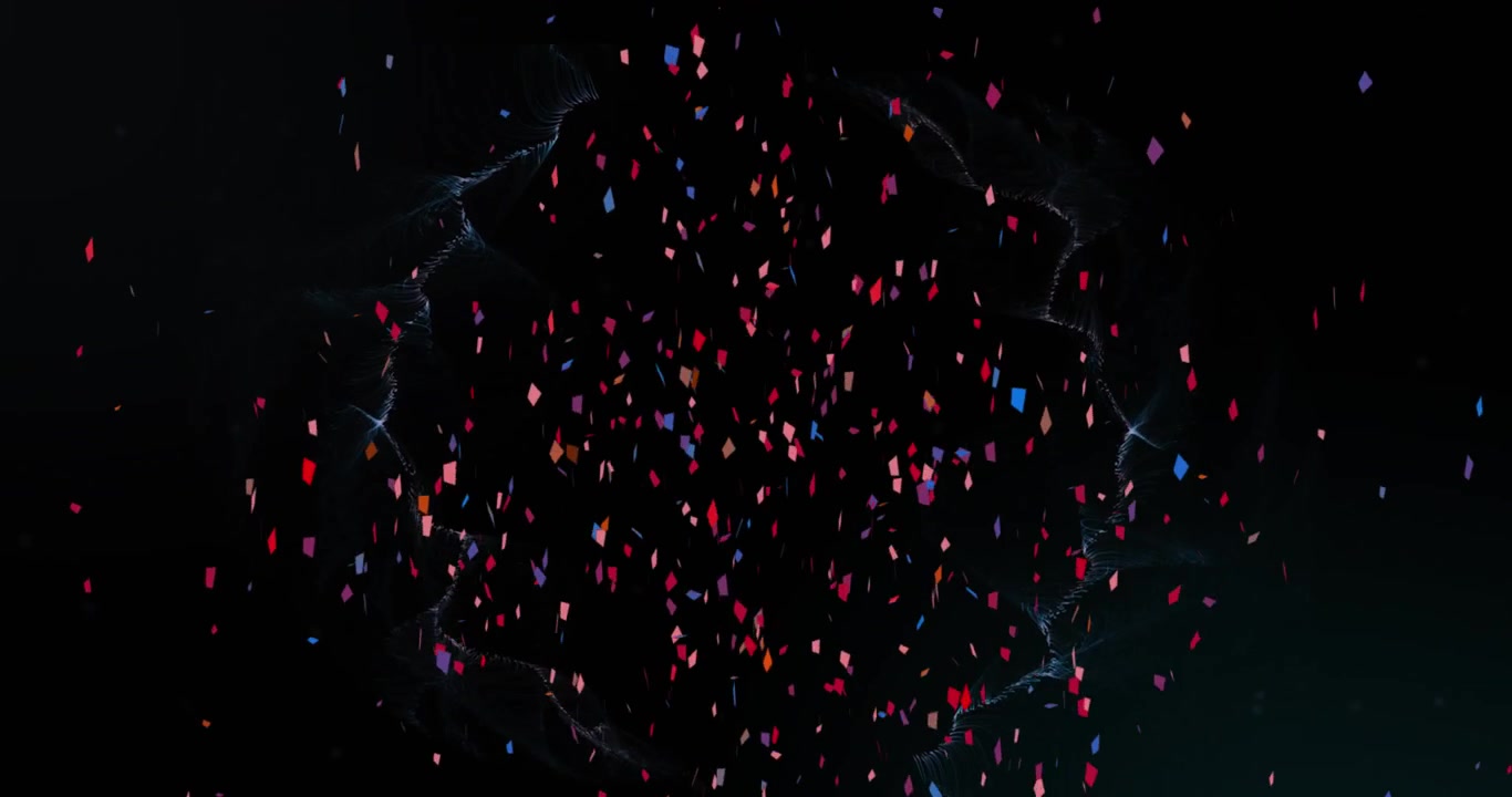 Animation de confettis colorés tombant sur une vague numérique bleue sur fond noir