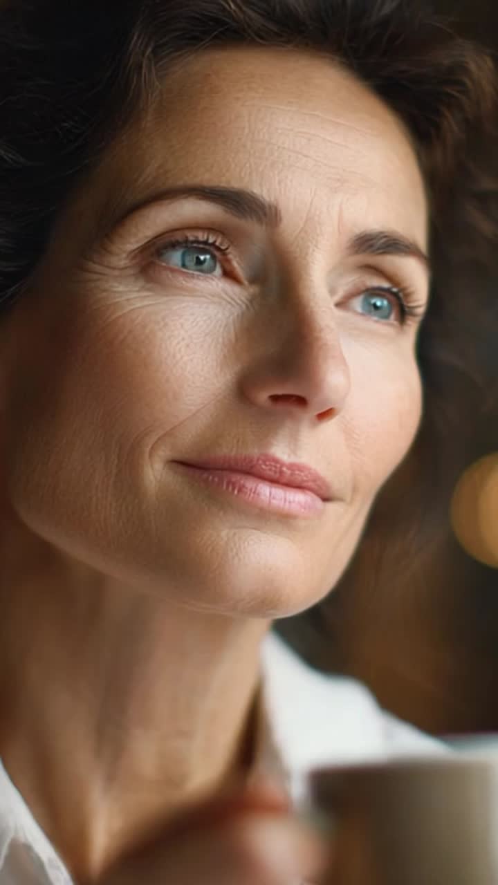 Contemplative Moment: A Woman Enjoys Her Warm Beverage with Thoughtful Reflection, Capturing Quiet Introspection and Serenity in an Atmospheric Setting