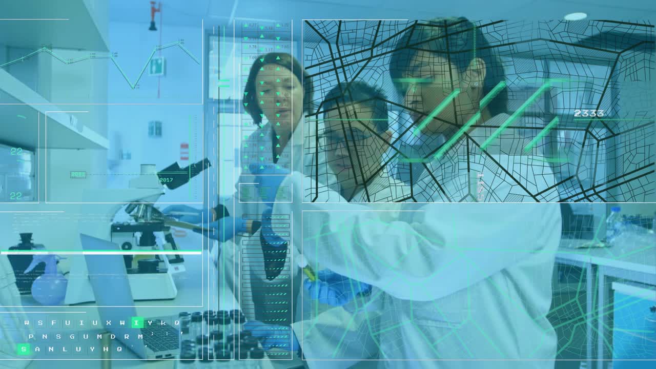 Researchers pipetting test tube sample in science lab activating charts for visualizing results