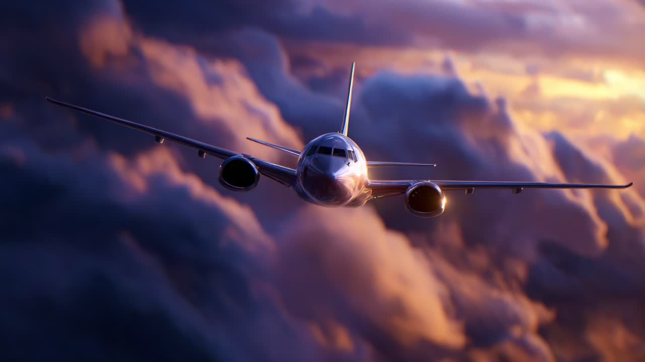 Um avião majestoso voa através de nuvens coloridas durante o pôr do sol, capturando a beleza e o drama do céu em uma cena aérea de voo deslumbrante