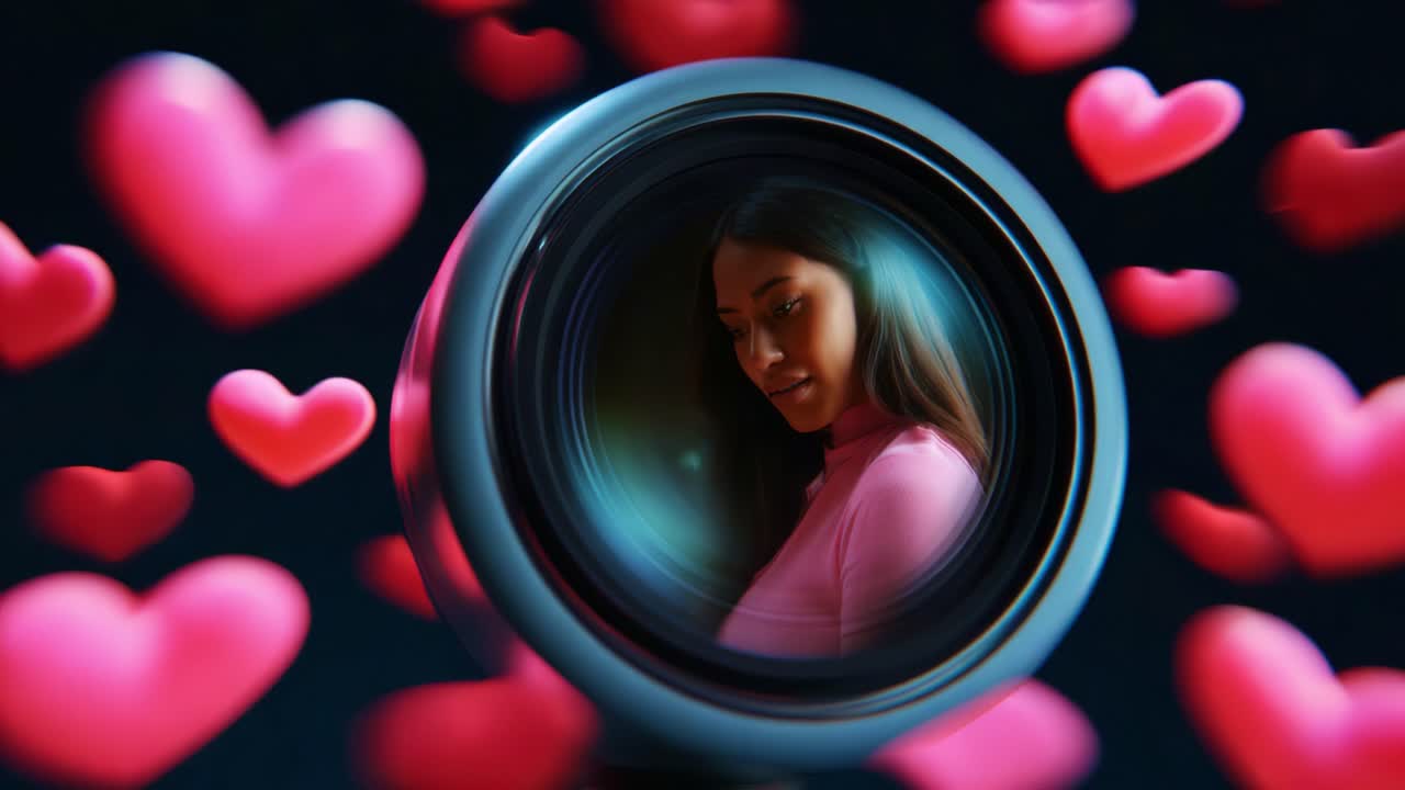 A Dreamy Perspective: A Young Woman Surrounded by Floating Hearts, Captured Through a Lens, Creating an Enchanting Atmosphere of Love and Introspection in Vibrant Soft Focus