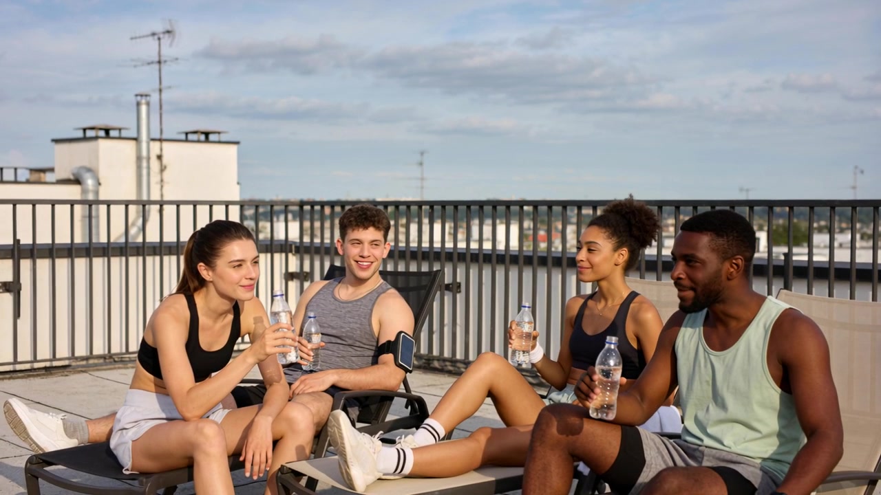 Quattro adulti atletici che sorseggiano, riposano dopo l'allenamento e chiacchierano sul tetto, con bottiglie d'acqua visibili.