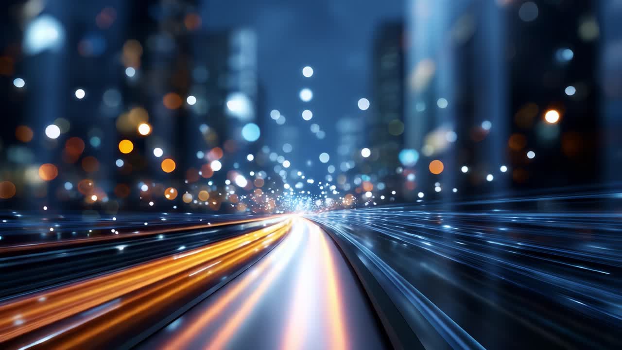 Una prospettiva sfocata del traffico notturno urbano con scie di luce ed effetti bokeh colorati che creano un'atmosfera di velocità e movimento in città