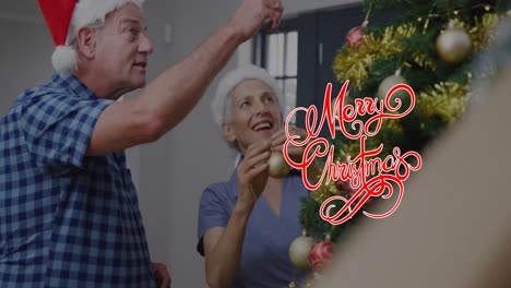 animation of merry christmas text over senior caucasian couple wearing santa hats