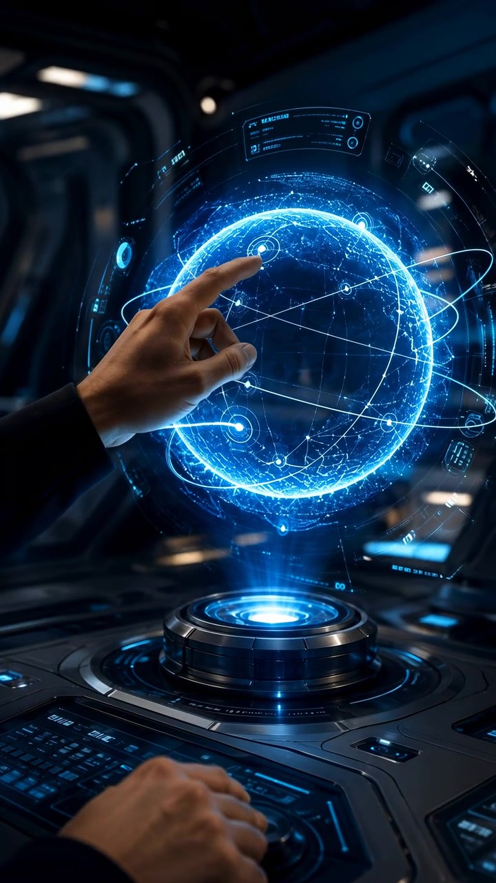 Parlak mavi dairesel holografik ekran, yansıtıcı kontrol panelinin üzerinde hareket ederken eller etrafında çalışıyor; karanlık fütüristik bir ortamda, parlayan çizgiler, metalik dokular ve ortalanmış bir kompozisyonla.