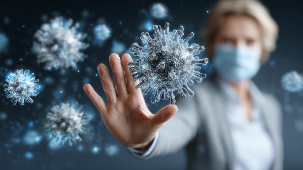 A healthcare professional, shrouded in a mask, reaches out to touch a floating virus representation, symbolizing the ongoing battle against infectious diseases and the importance of safety
