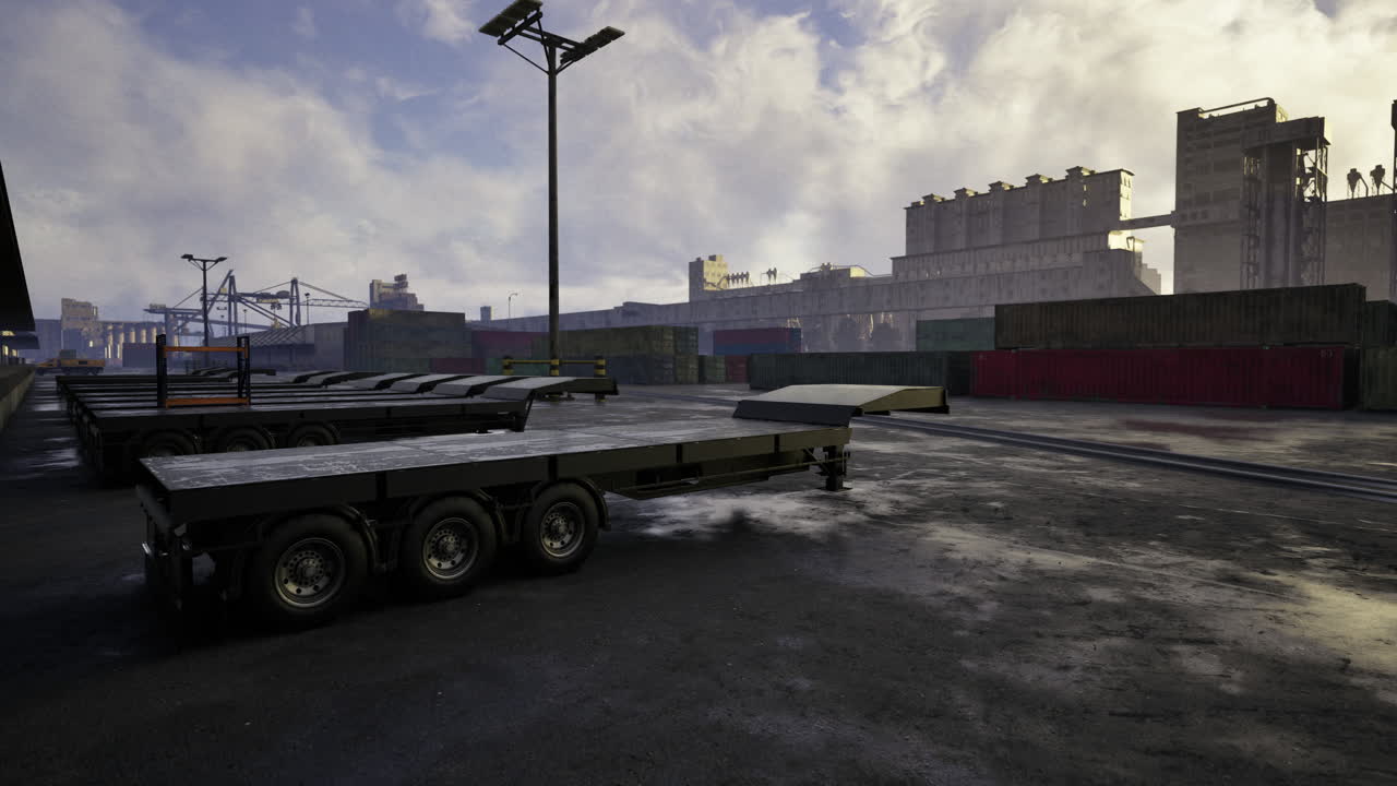 Industrial area with trailers at a shipping yard during overcast weather