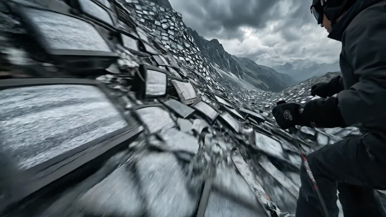 Skier Descending a Mountain Covered in Broken Televisions