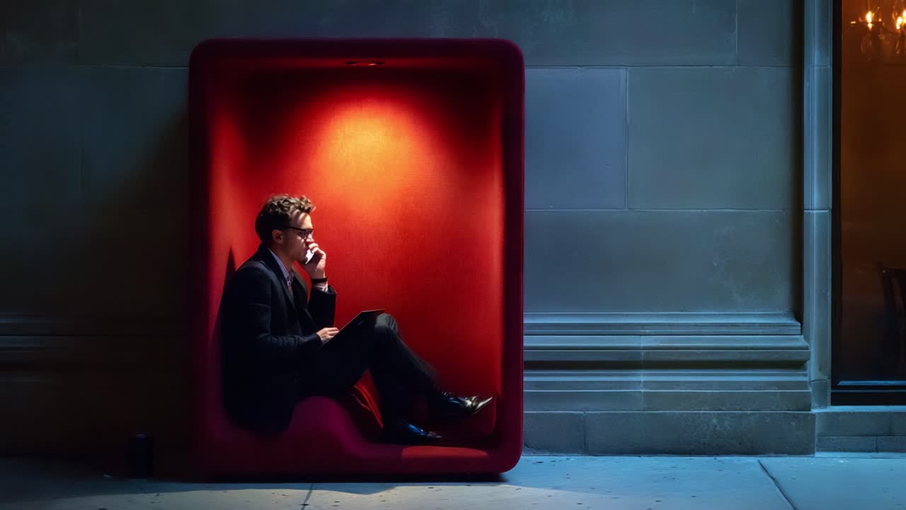 A contemplative individual engages in deep thought while seated in a vibrant red, cozy pod, illuminated by warm light in an urban night environment, creating a peaceful escape from the bustling city