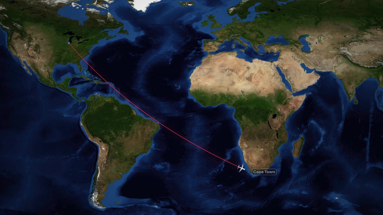 A digital world map tracks an airplane flying from Chicago to Cape Town South Africa