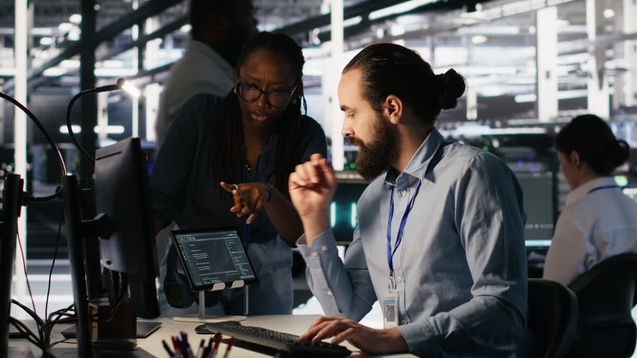 Vertical video Teamworking system administrators in data center using AI automation