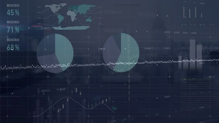 Animation of statistical data processing against aerial view of cityscape