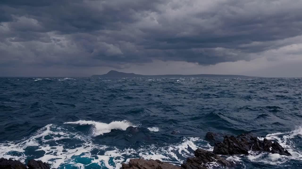 Dramatic seascape video with a low-angle view of turbulent waves crashing against rocks