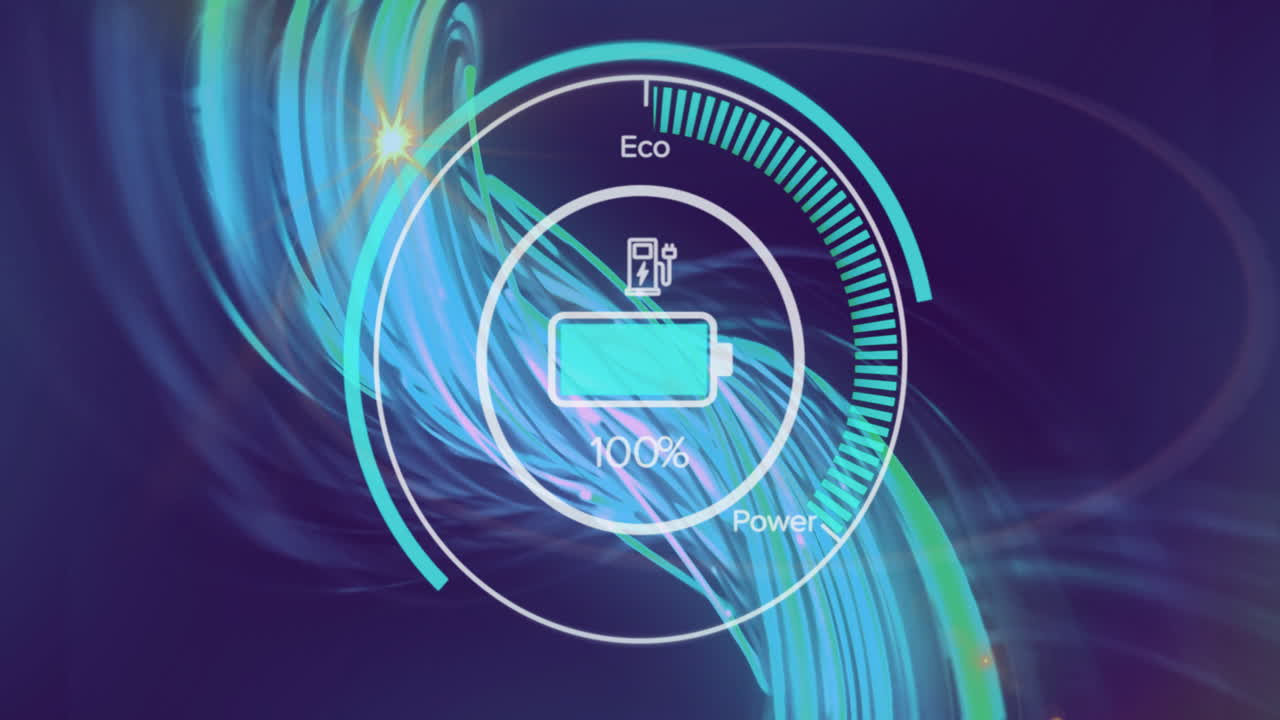 Charging battery animation with eco and power indicators on abstract blue background