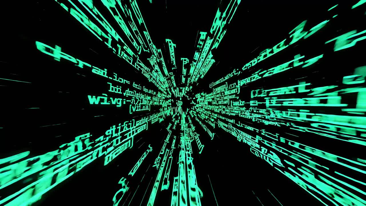 A dynamic video scene with a first-person perspective, showcasing green digital code streaming