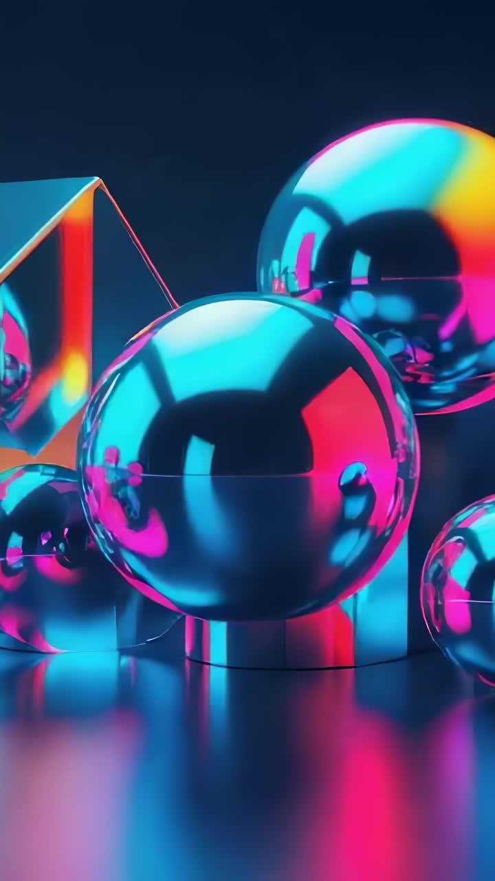 Vertical video: Animating spheres rotating in studio with camera panning to reveal hidden cylinder