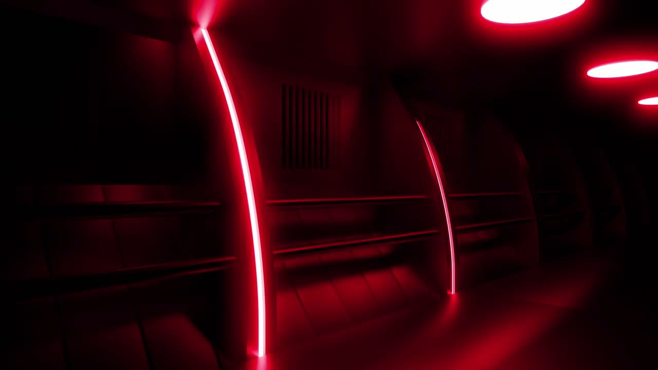 corredor futurista oscuro con luces de neón rojas