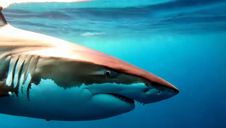 close-up of a shark swimming in clear blue water