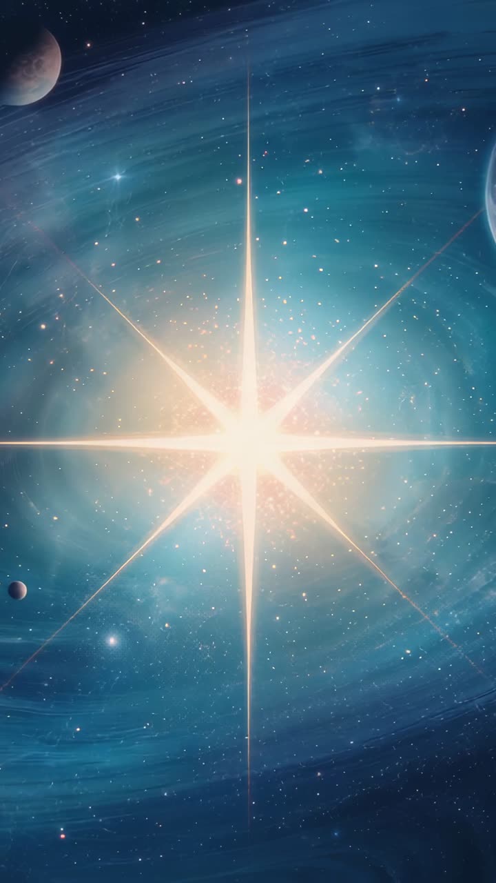 Vertical video: Emerging faint glow sparking star pulsing in spiral nebula illuminating two planets