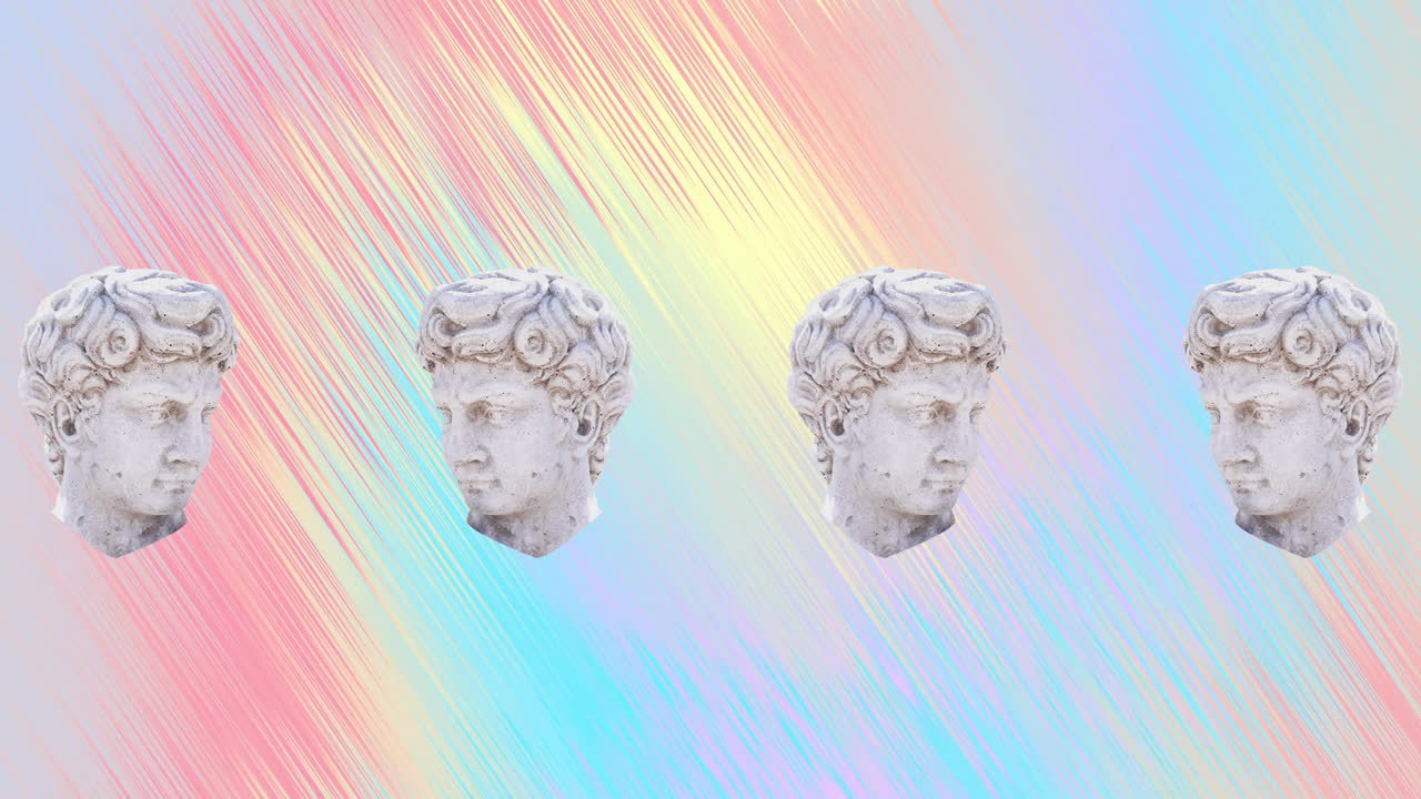 Animation of ancient sculpture heads moving over multi coloured background