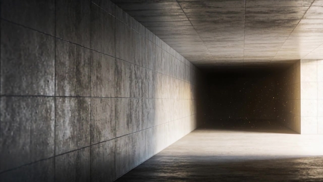 Pushing camera moving forward through concrete corridor, revealing recessed opening and dust specks
