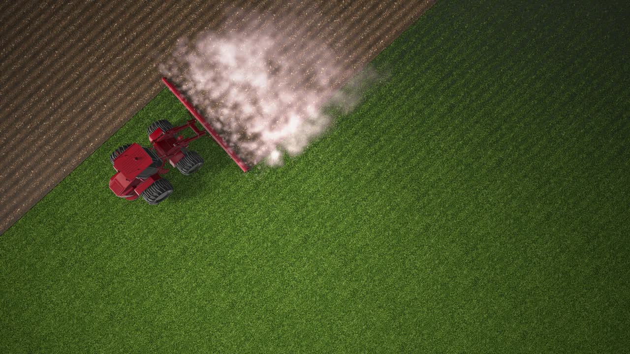 A bird's-eye view of a combine harvester. Harvest from a wheat field. Industrial personnel on the agricultural theme. Realistic animation. Video Loop. plow the land