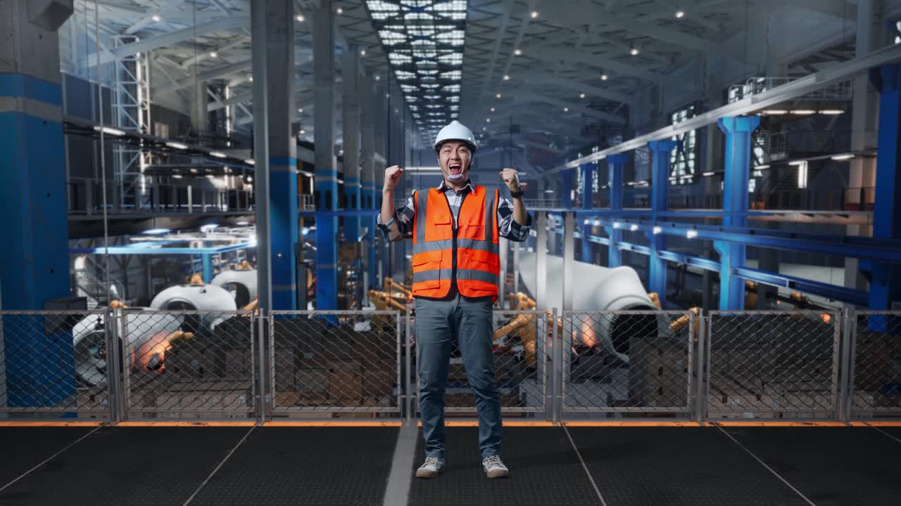 Full Body Of Asian Male Engineer With Safety Helmet Standing And Screaming Goal Celebrating Working In Factory Manufacture of Wind Turbines