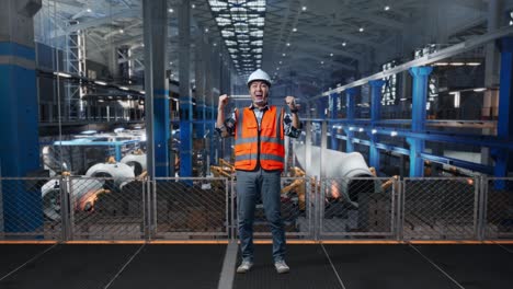 full body of asian male engineer with safety helmet standing and screaming goal celebrating working in factory manufacture of wind turbines