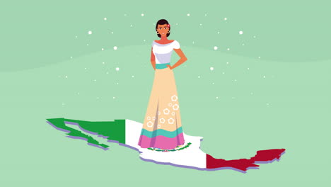 mexican woman in traditional dress over a map of mexico