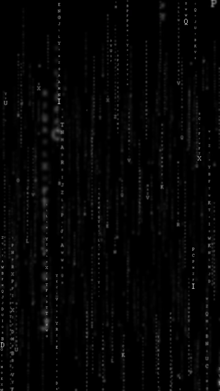 Black matrix letter rain background with monochrome falling characters vertical code streams and