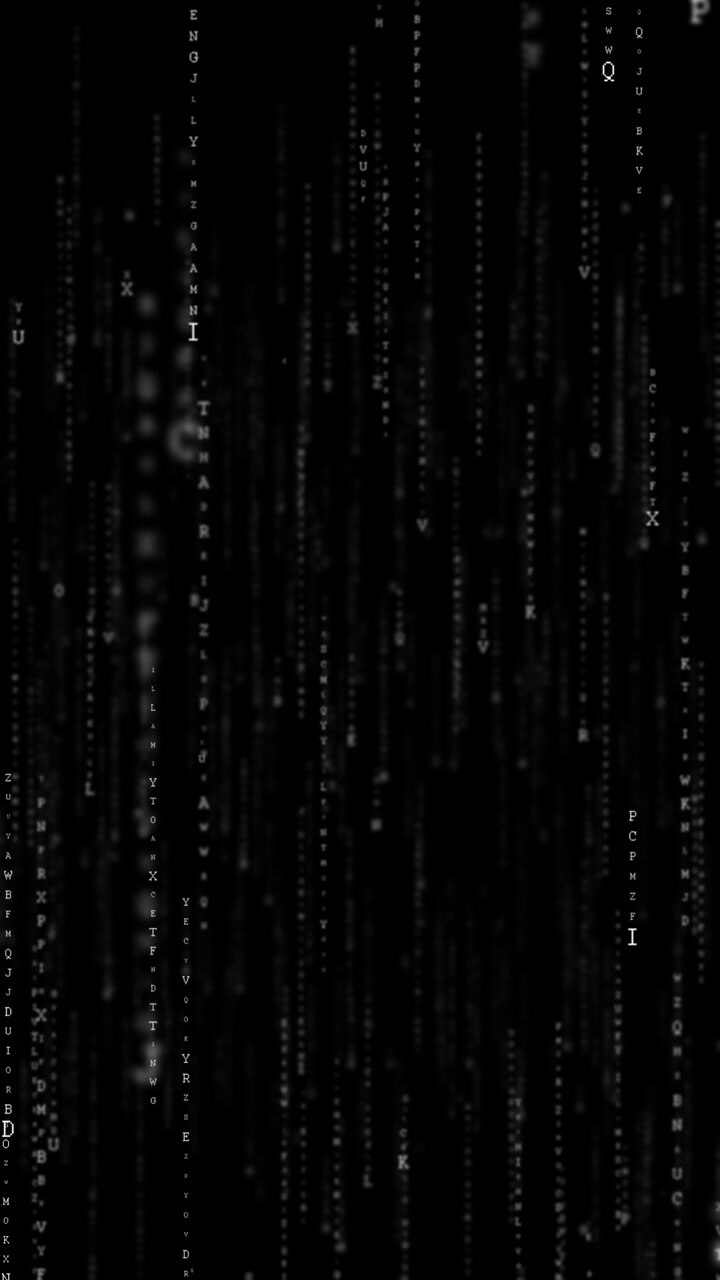Black matrix letter rain background with monochrome falling characters vertical code streams and