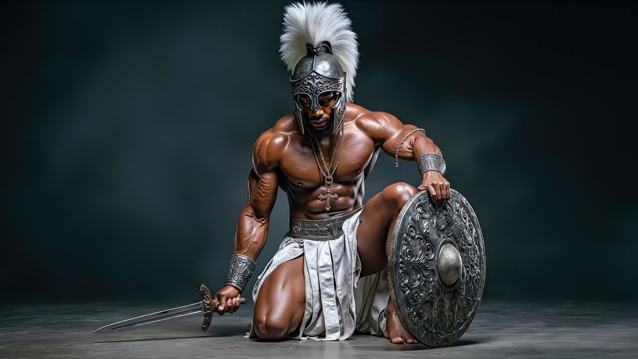 스파르타 의복 을 입은 남자 가 검 과 방패 를 들고 있다