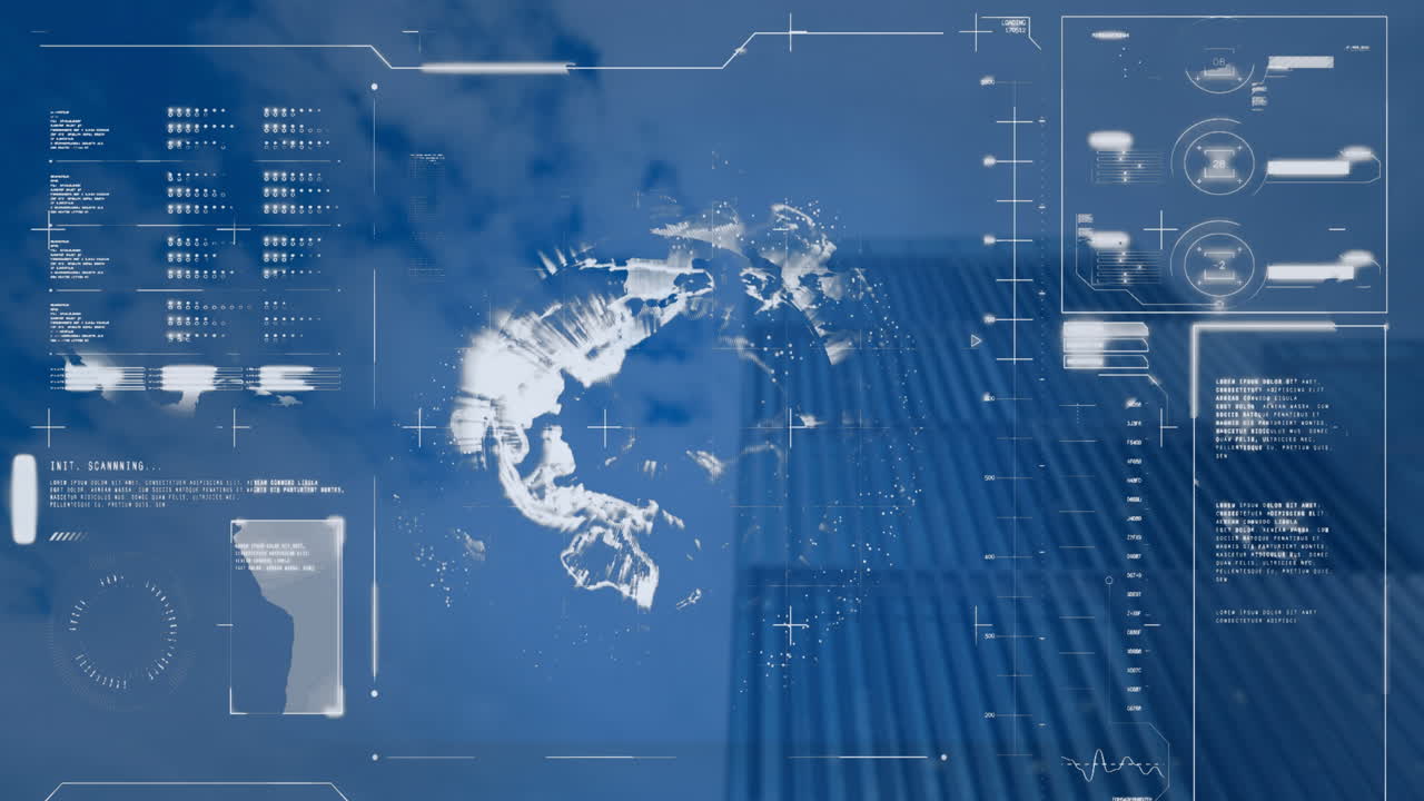 데이터 처리 및 도시 풍경 위의 지구의 애니메이션