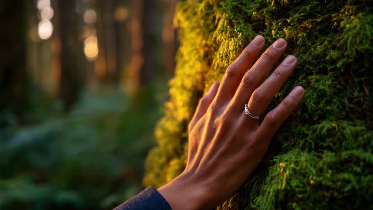 A Gentle Touch: Exploring Nature's Embrace with a Hand Resting on a Vibrant Green Moss-Covered Tree in a Serene Forest at Dusk, Capturing the Essence of Connection and Tranquility