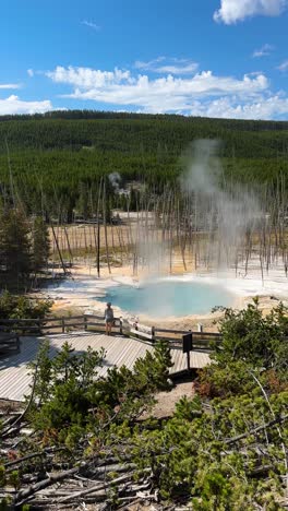 Vertical-4k,-Woman-on-Viewpoint-in-Yellowstone-National-Park,-Wyoming-USA