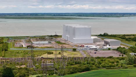 aerial view of bradwell power station - nuclear power station by the river blackwater at dengie peninsula in essex, england, uk