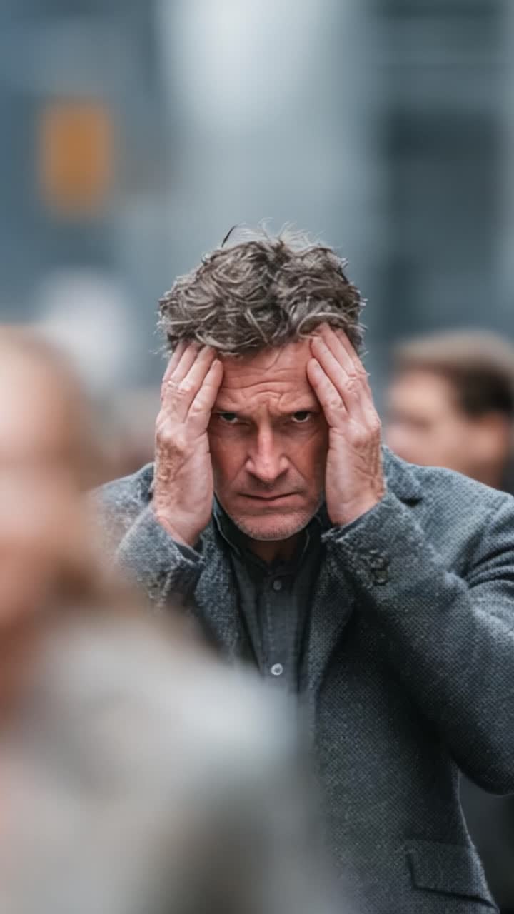 A Frustrated Man Struggles with Overwhelming Emotions in a Busy Urban Environment, Highlighting the Pressure of Modern Life and Social Isolation