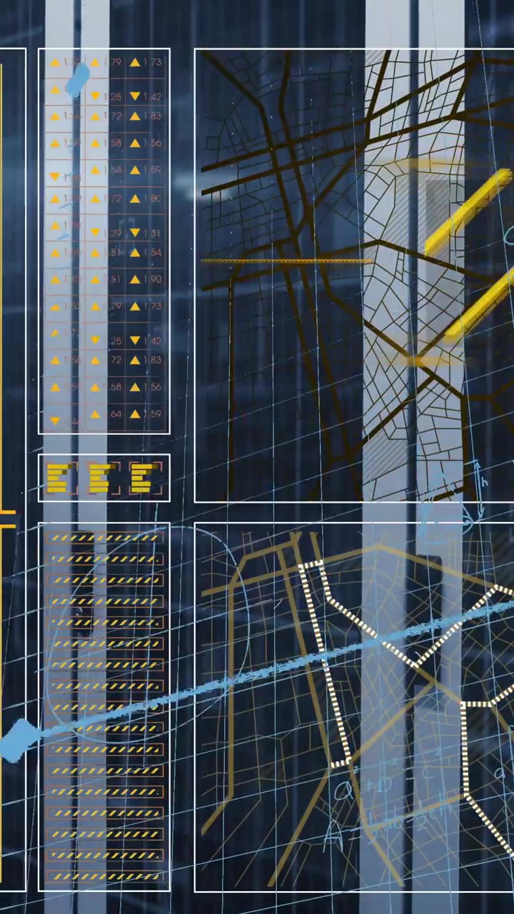 Futuristic Digital Data Analysis Interface with Grid and Maps