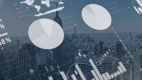 animation of financial data processing over cityscape