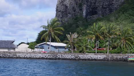 Panning-dolly-shot-from-boat-offshore:-lush-tropical-jungle-shoreline