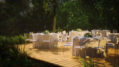 empty wicker table and chair in outdoor restaurant forest garden