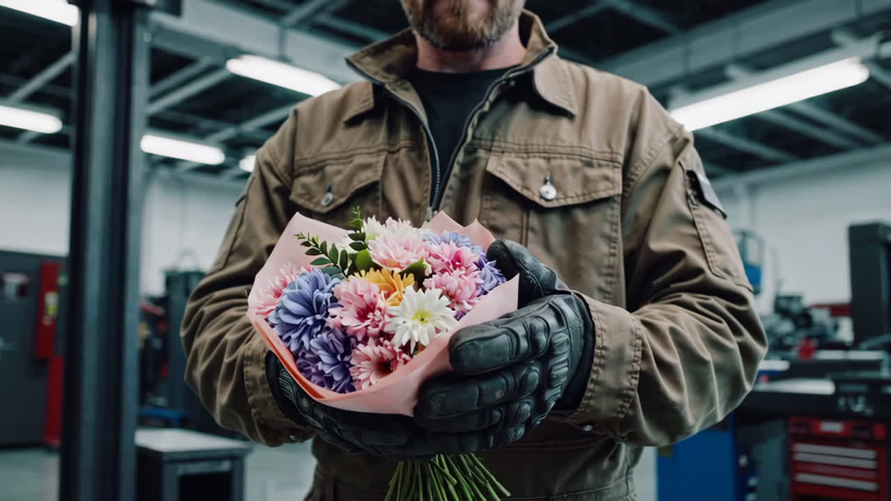 механик с букетом цветов
