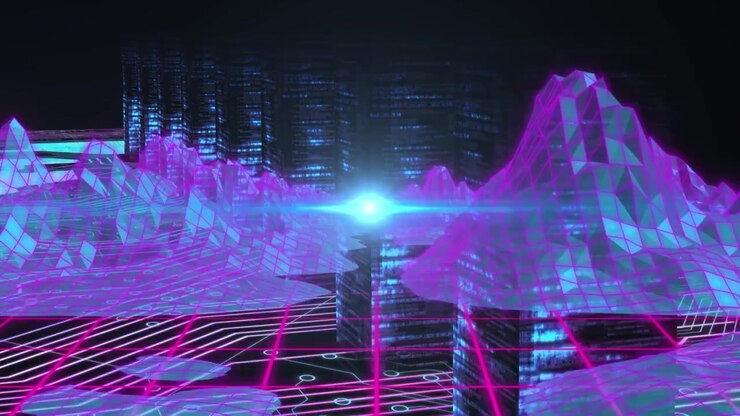 Animation of light spot over metaverse over grid network against blue background