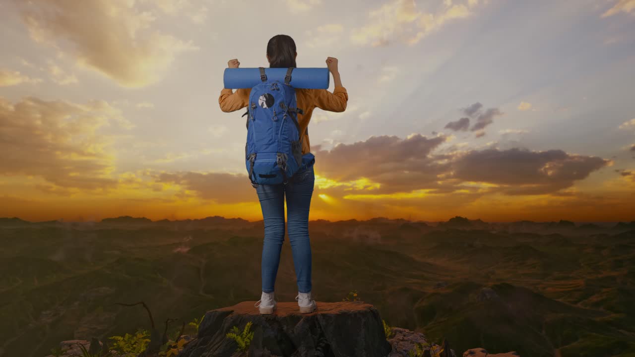 vista trasera del cuerpo completo de una excursionista femenina con mochila de montañismo gritando meta celebrando el éxito mientras estaba de pie en la cima de la montaña durante el atardecer